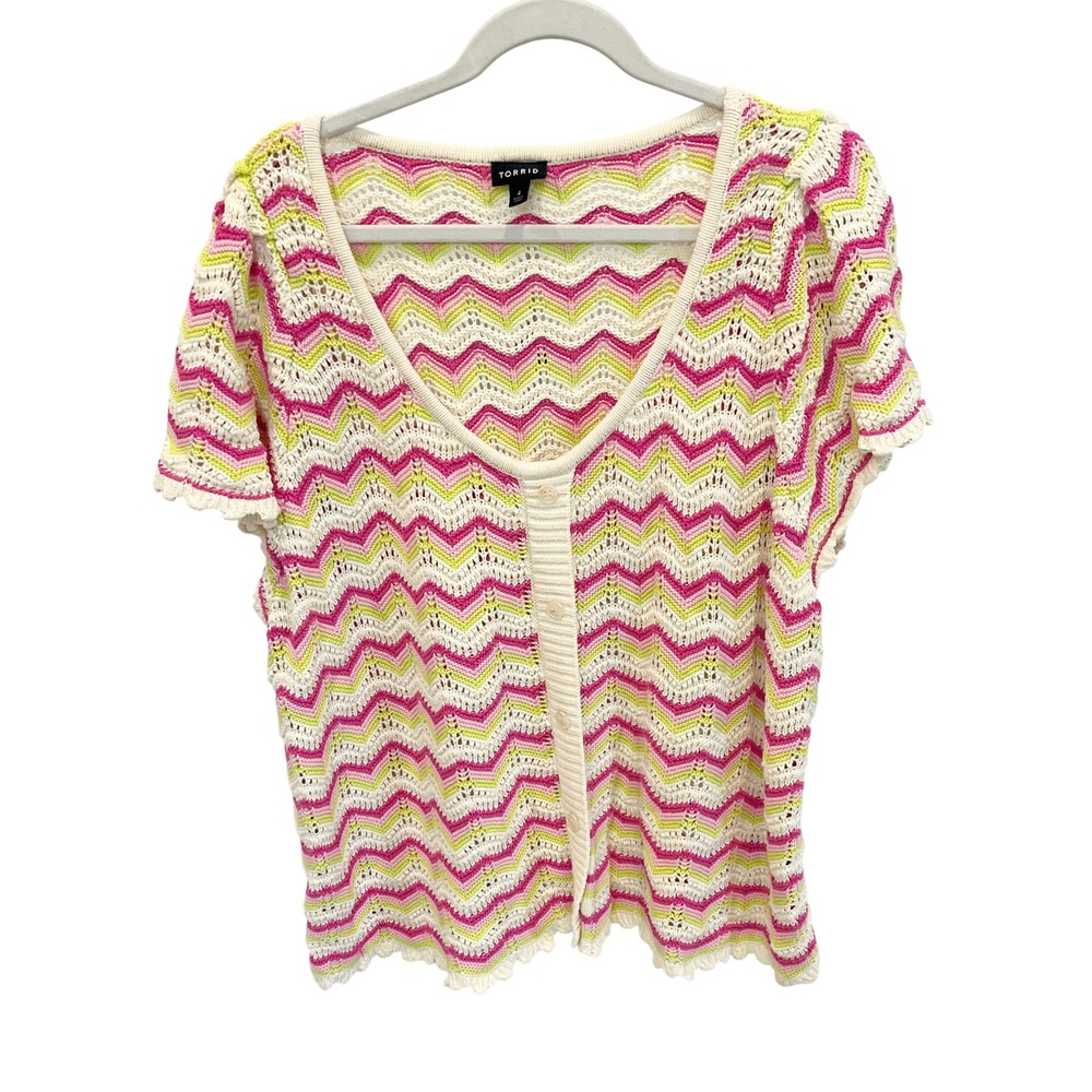 Torrid Pink Green Chevron Crochet Button Front Knit Top Boho Cottage - Size 4X